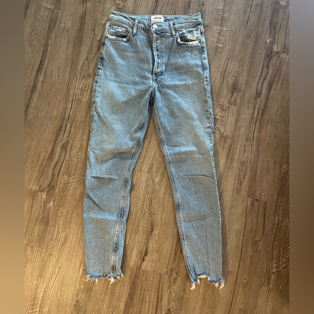 Agolde Blue Skinny Jeans Distressed Style with Gold Buttons